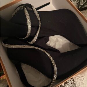 Black Rhinestone-Embellished Sock Boot